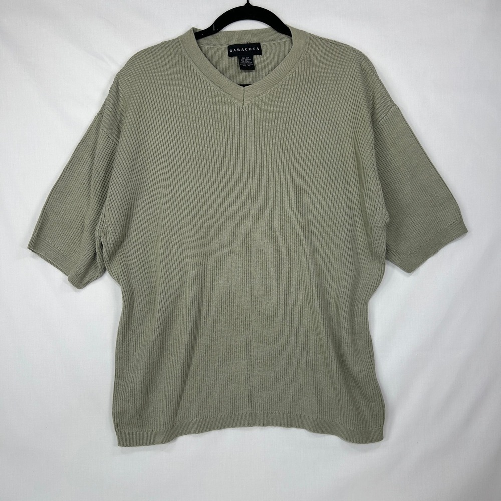 Vintage Baracuta Sage Green Silk Cotton Ribbed V-Neck Short Sleeve Sweater – XL